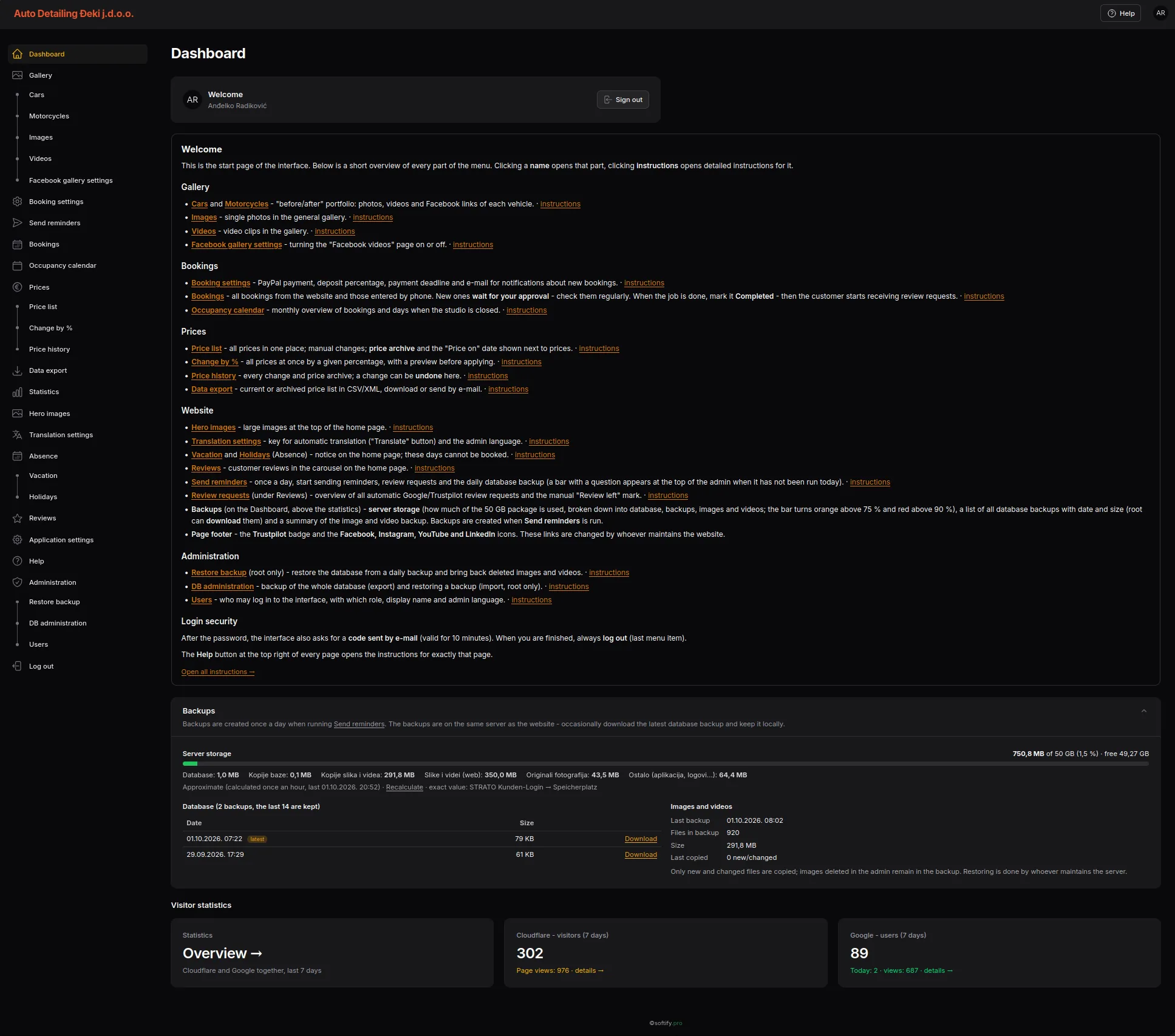 Administrační dashboard s kompletní navigací
